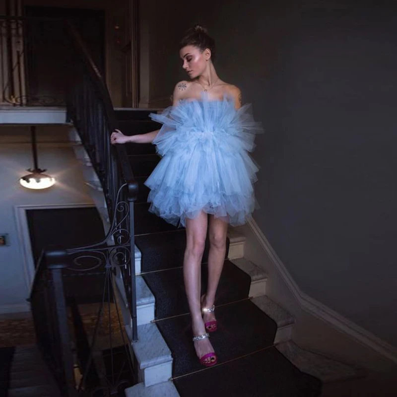 

Chic Mini Gowns Tulle Sky Blue Short Prom Dress Tiered Ruffle Custom Made Special Occasion Fashion Fluffy Prom Dresses