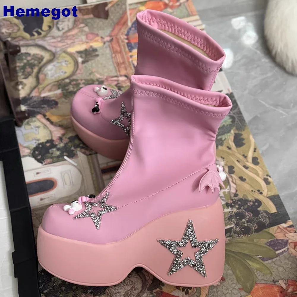 Pink Star Crystal Bling Platform Boots Rabbit Decor Round Toe New Sweet Street Style Party Short Boot Fashion Women Casual Boots