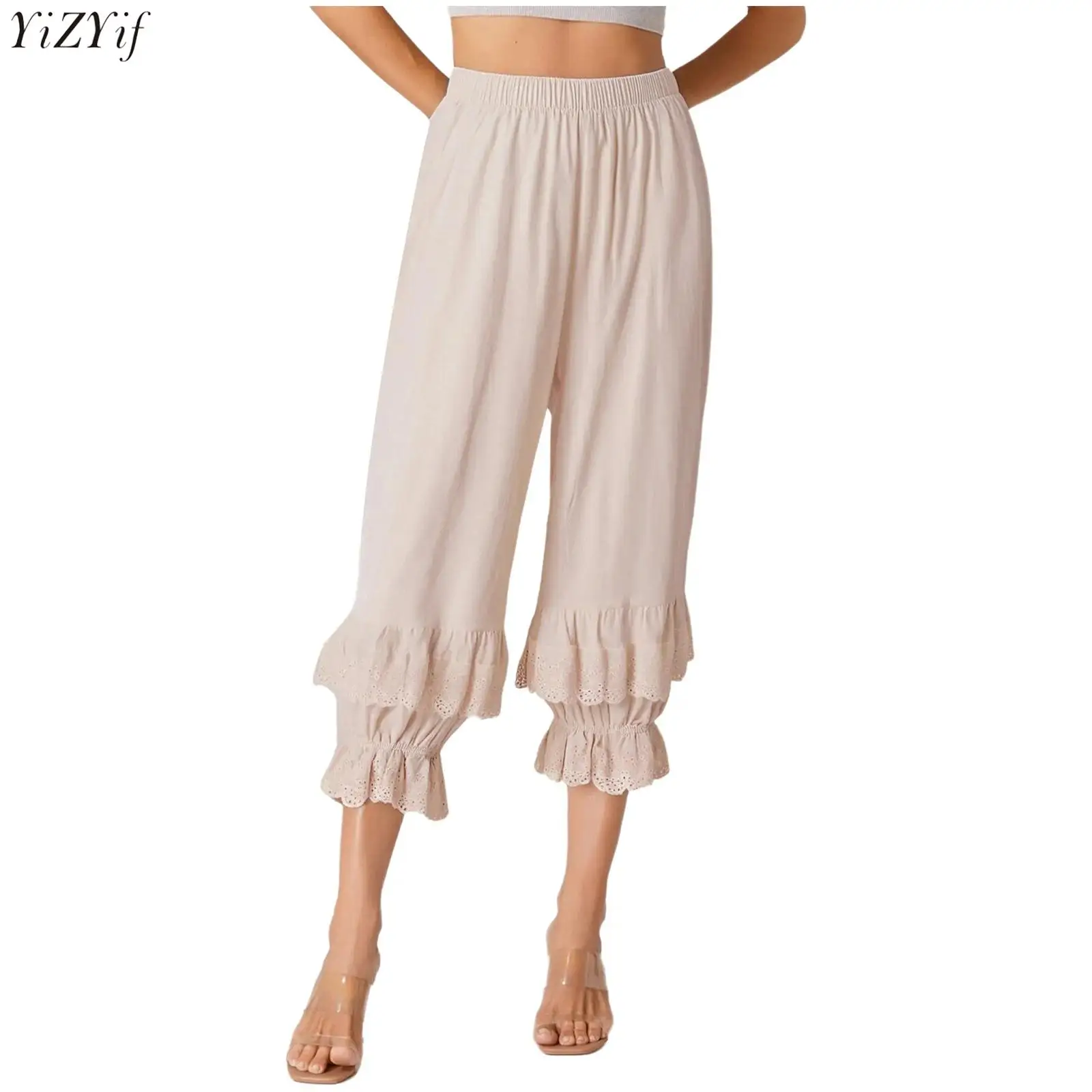 

Womens Bohemian Loose Pants Cotton 2-layer Ruffled Lace Elastic Waist Lantern Trousers Pastoral Style Pants for Casual Dailywear