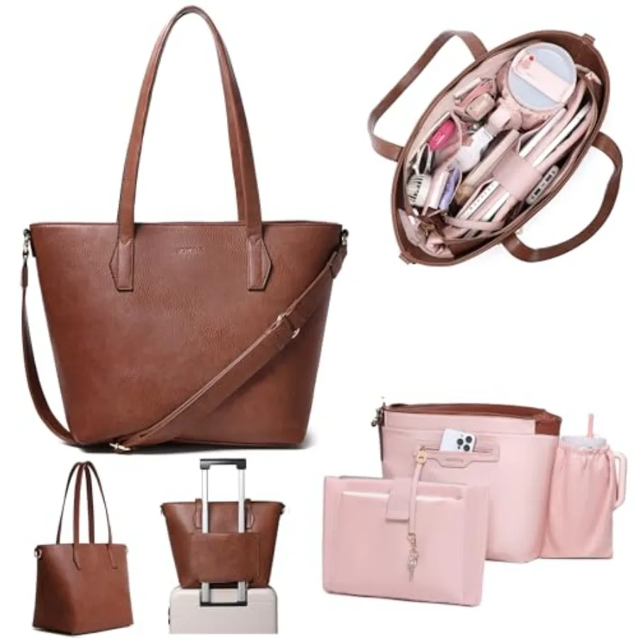 

Womens 16 Laptop Tote Bag Vegan Leather Work Bag with Cupholder RFID Anti-Pickpocket Trolley Sleeve
