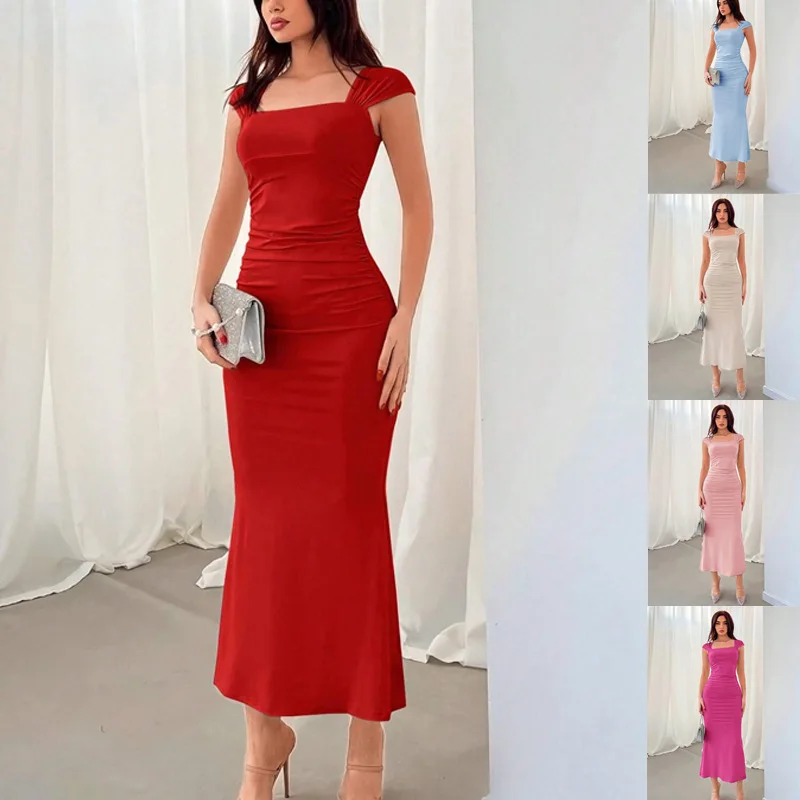Elegant Women's Party Dresses 2025 Summer Fishtail Dress  Pleated Long Dress Vestidos Mujer Sexys Платье Женское Вечернее