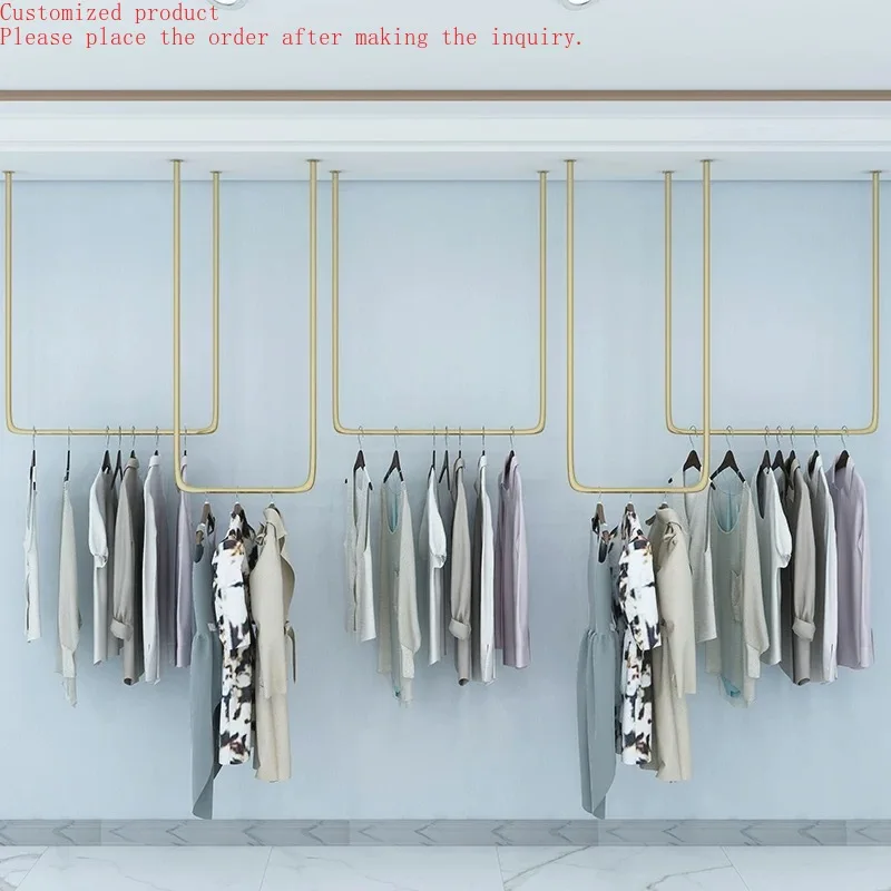 

Custom.Custom .Custom.Modern Metal Ceiling Hanging Wall Mounted Clothing Display Rack for Women Clothes Shop Display Rack