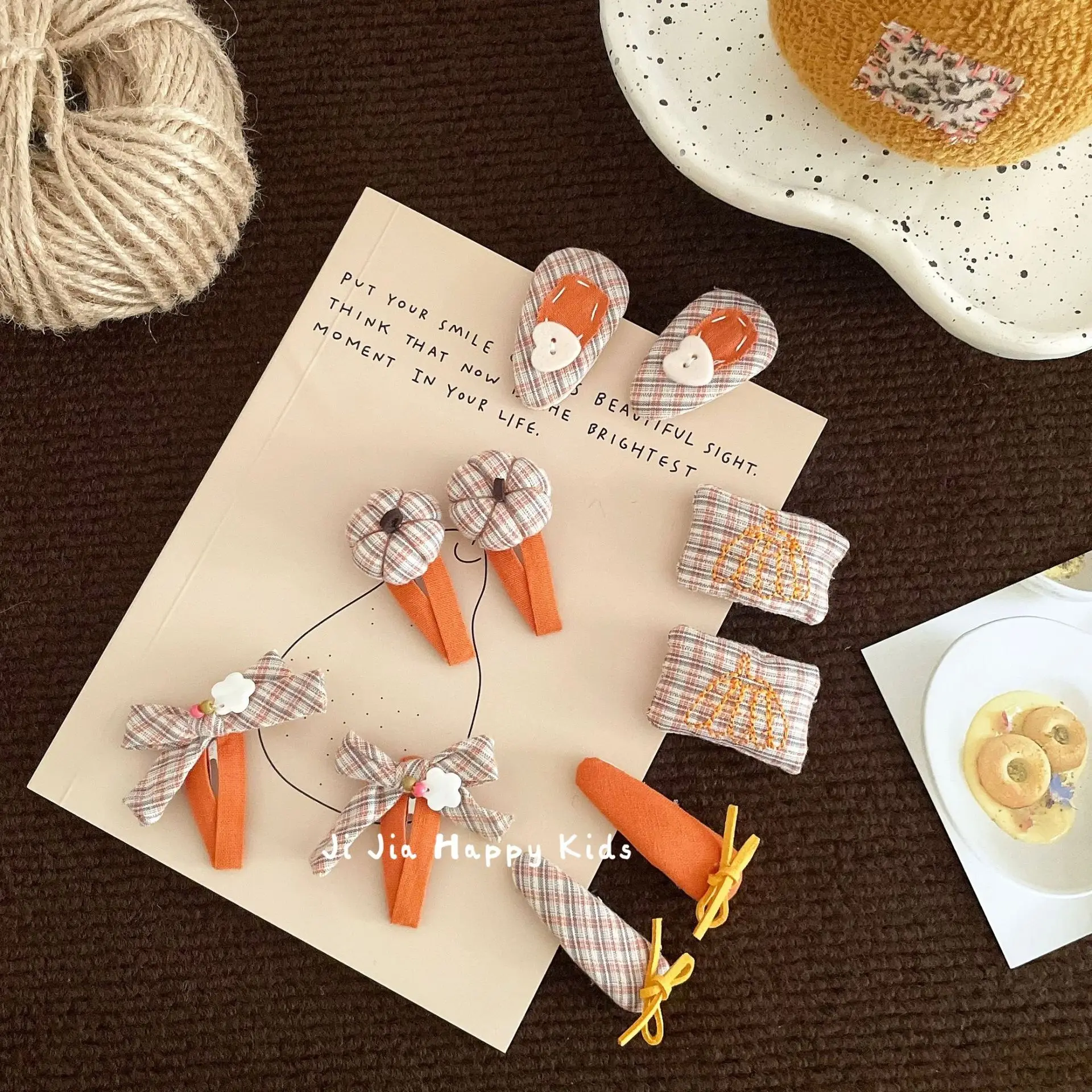 Hair Ties Hair Clips Girls Pumpkin Plaid Bow Orange Contrast Fabric Cute Sweet Kids Side Bangs Headwear Accessories Lightweight