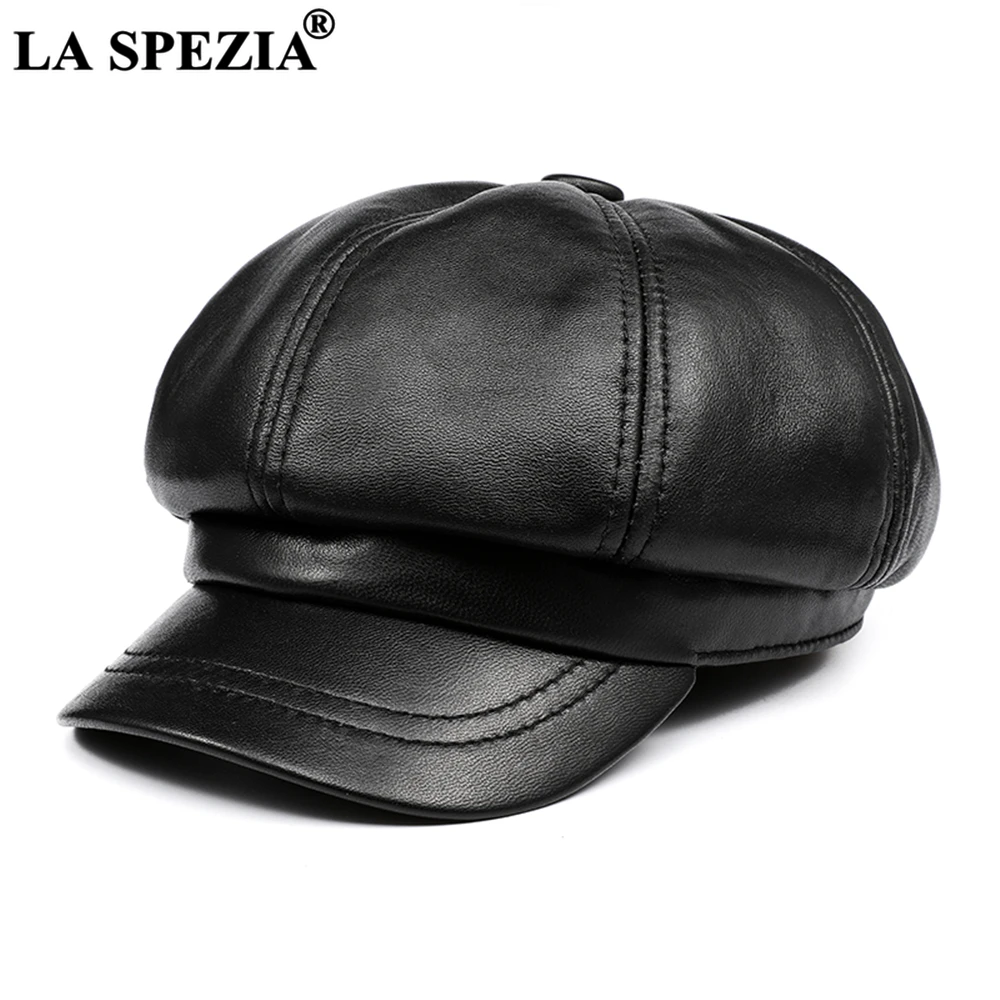 LA SPEZIA Real Leather Newsboy Cap Women Solid Baker Boy Cap Red Black Blue Pink Vintage Brand Ladies Winter Octagonal Cap