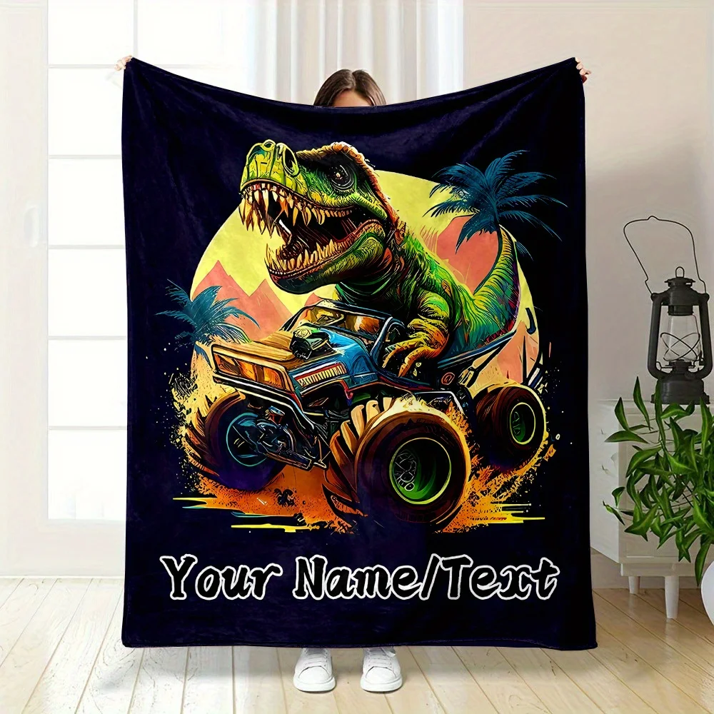 Custom Dinosaur T-Rex Monster Truck Blanket Throw Fleece Home Decor Gift for Boys Room Personalized Nap Cover