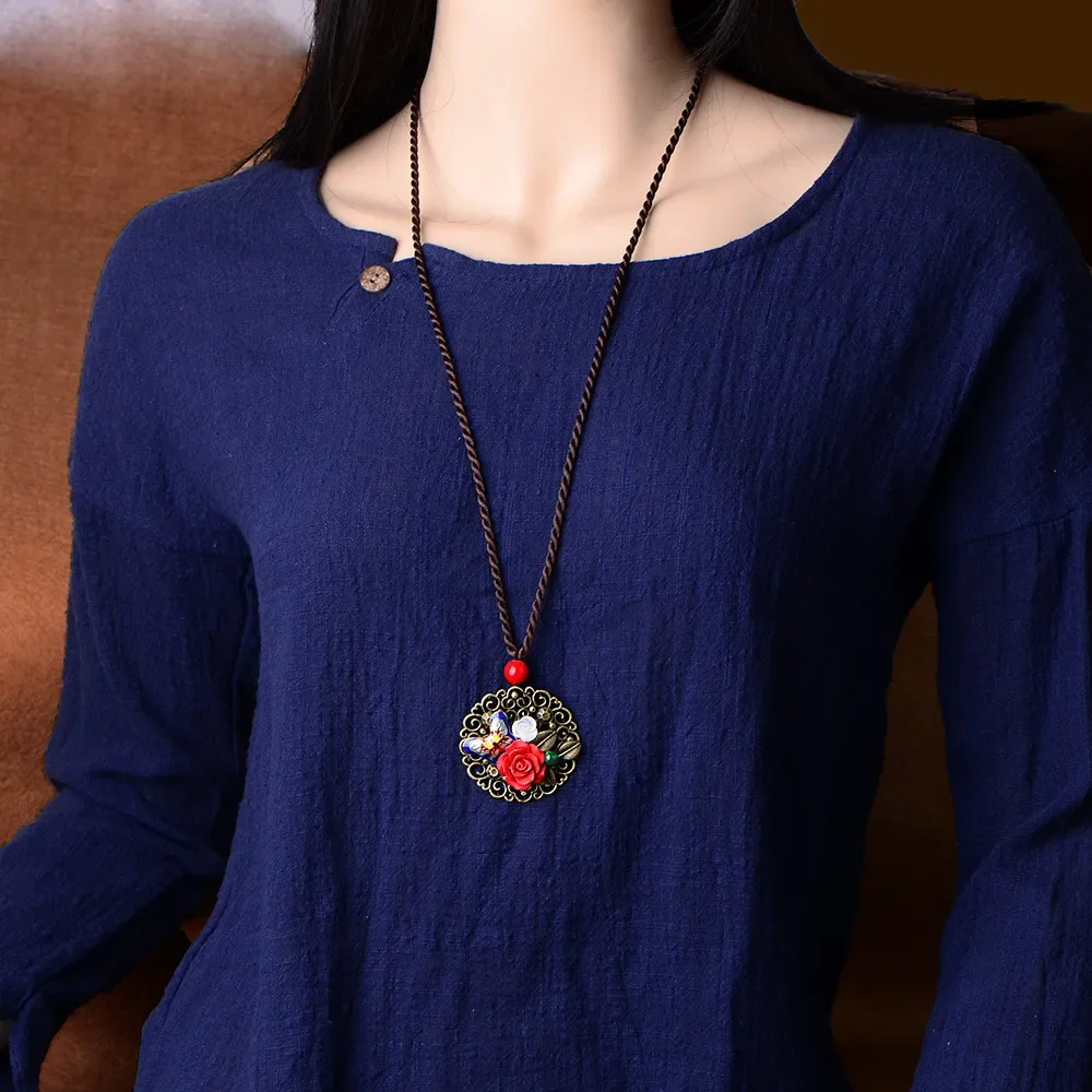 Ethnic Style Woolen Chain Long Necklace Women's Clavicle Chain Cinnabar Retro Style Flowers Pendant Girls Decoration Accessories