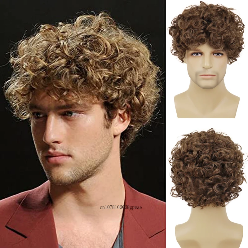 

Brown Wig for Men Synthetic Short Curly Wig Man Natural Fluffy Breathable Male Wig with Bangs Daily Cosplay Party Heat Resistant