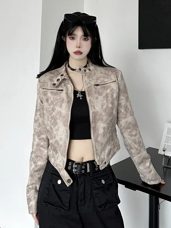 레트로 아메리칸 스탠드 칼라 재킷 여성용 가죽 바이커 재킷 페이디드 스트리트 스타일 지퍼 롱 슬림 핏 셔츠