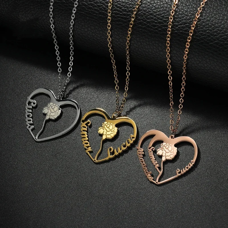 

Lateefah 18K PVD Plated Stainless Steel Name Necklace Hollowed-out Hearts Corrosion Flower Pendants for Couple Gift
