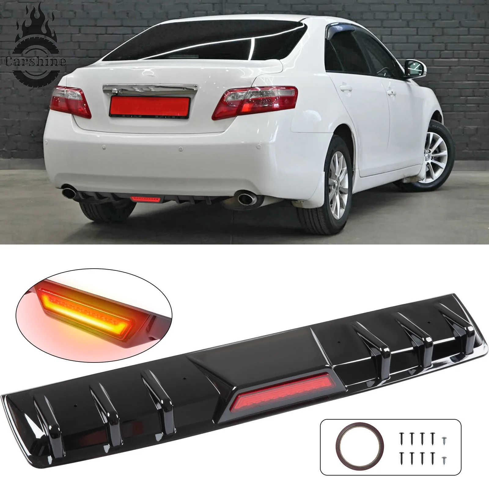 

Для Toyota Camry: Задний бампер, диффузор, сплиттер, накладка с LED-стоп-сигналом, глянцевый черный