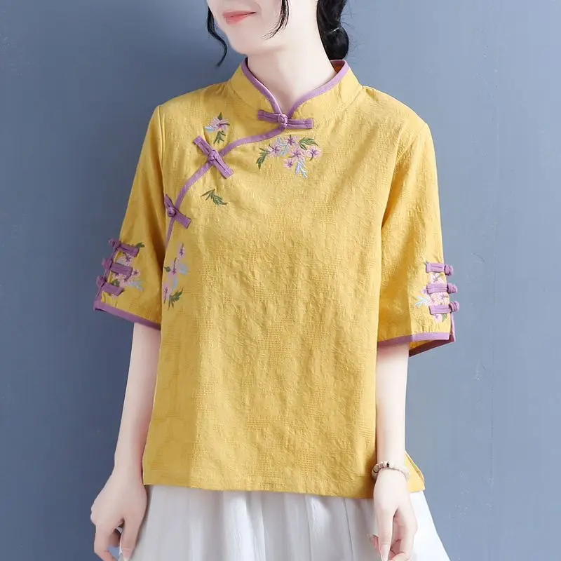 Women\'s Chinese Style Vintage Embroidery Cotton Linen Blouse 2024 Summer Elegant Stand Collar Loose Shirt Half Sleeve Chic Tops