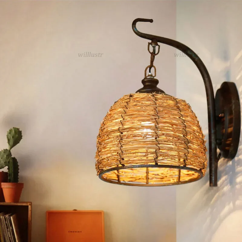 Retro Rattan Wall Lamp American Country Style Sconce Hotel Inn Bar Cafe Living Room Loft Balcony Art Deco Handmade Wicker Light