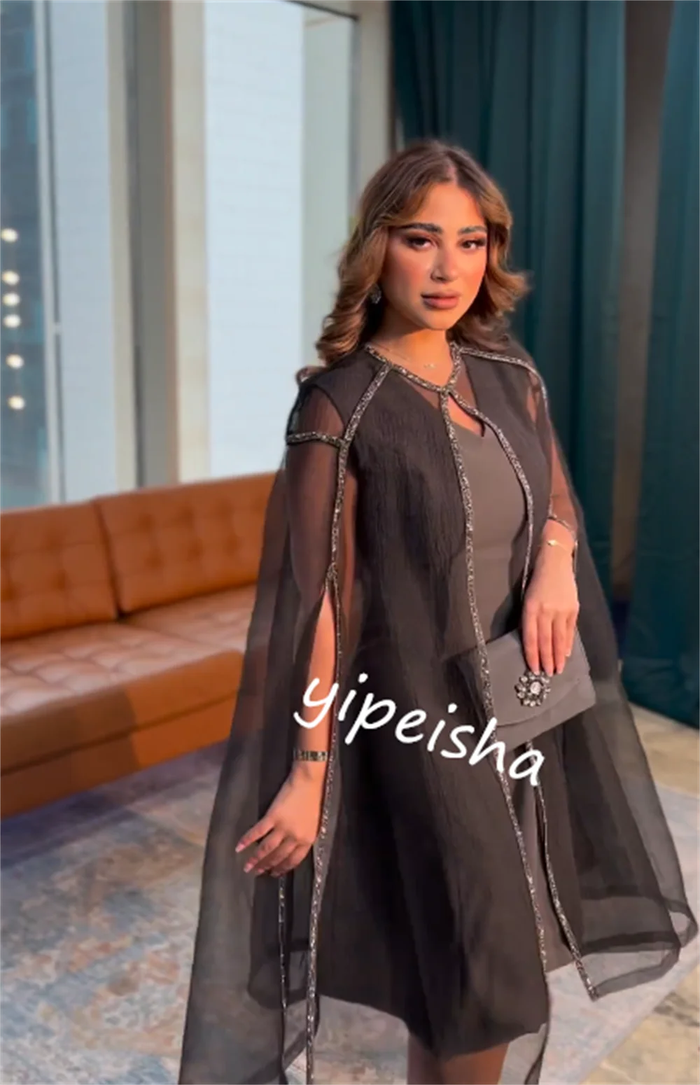 Jersey personalizado con lentejuelas para cumpleaños, corte en A, cuello redondo, vestido para ocasión a medida, vestidos hasta la rodilla, Arabia Saudita