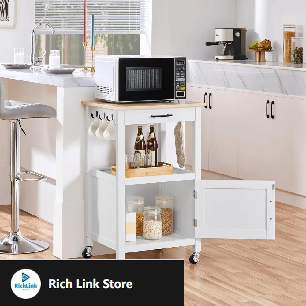 

Rolling Kitchen Island with Single Door Cabinet, Kitchen Cart with Drawer on Swivel Wheels, Small Coffee Cart Microwave Stand w