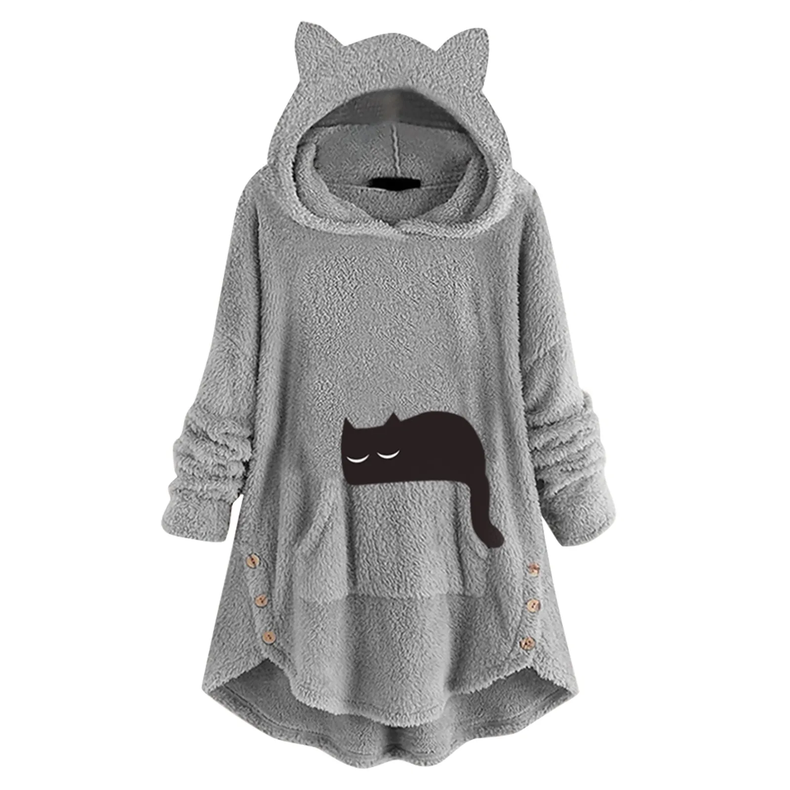 Fashion Hoodies Women Jacket Button Cat Ear Coat Tops Hooded Pullover Loose Sweatshirts Plus Size Warm Thick Fleece Outerwear