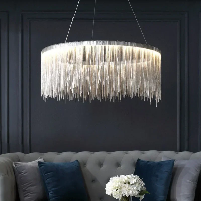 

Modern light luxury tassel LED pendant light living room bedroom Nordic Italian minimalist pendant light glossy chrome round