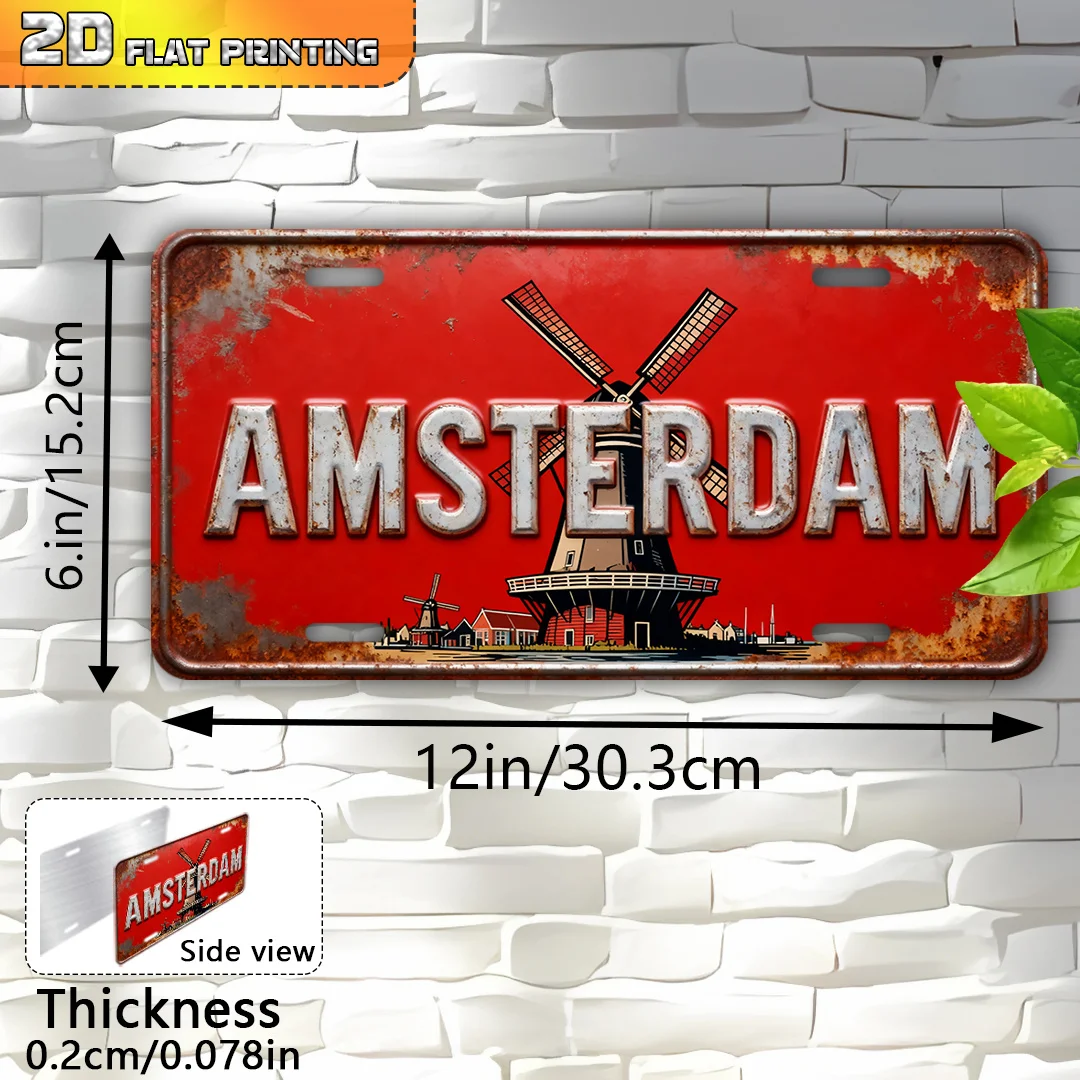 2D Flat, Heavy-Duty Aluminum Amsterdam Netherlands Windmill & Dutch Capital Lettering Metal Sign - 6