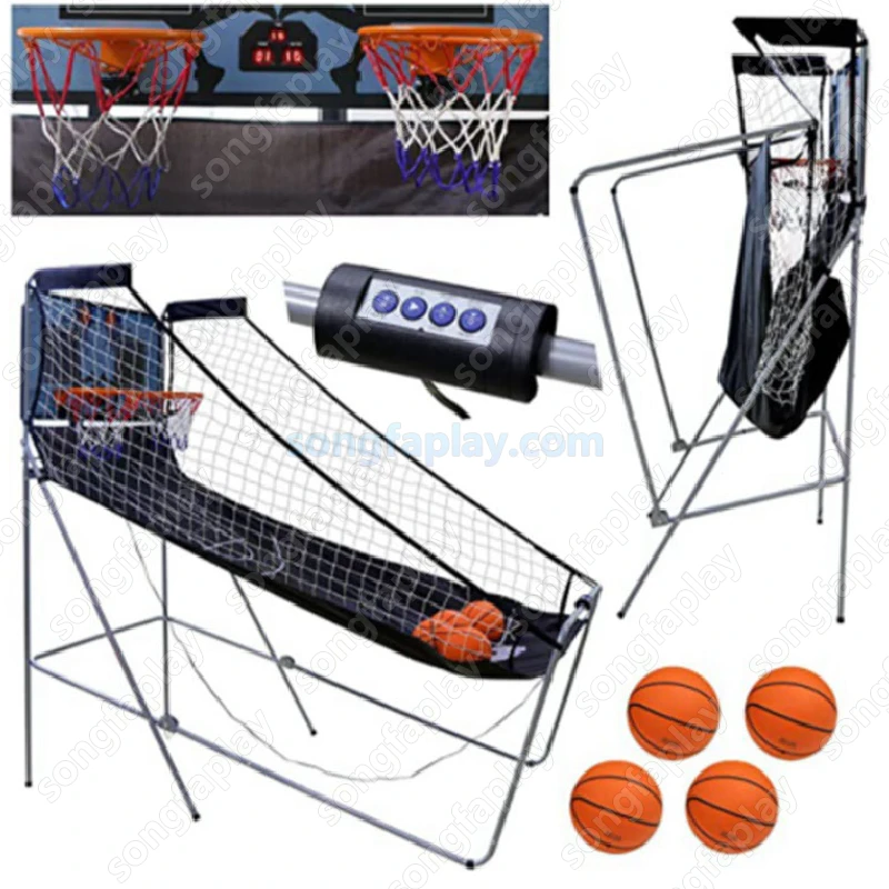 インタラクティブな2人用電子アーケードバスケットボールマシン、屋内外兼用、スコアリング機能付き、バスケットボール4個、折りたたみ式、子供向け