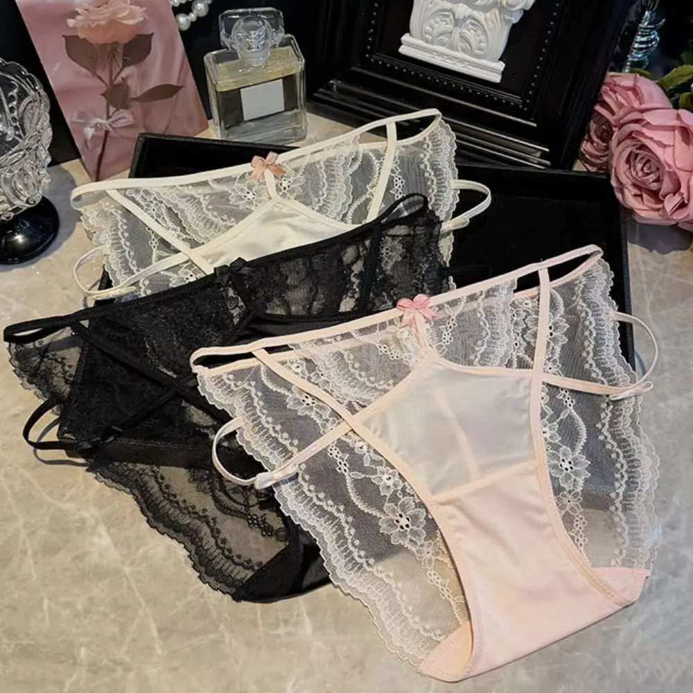 Bow Lace Bowknot Briefs Low-Waist Cotton Crotch Lace Tied Up Underpants Transparent Female Lingerie Mesh Hollow Panties Girls