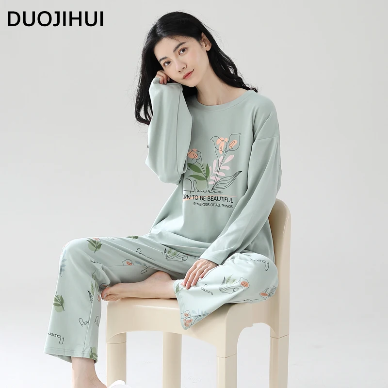 DUOJIHUI-Conjunto de pijama con estampado Floral para mujer, ropa de dormir con cuello redondo, Jersey clásico, pantalón básico, informal, a la moda, para otoño