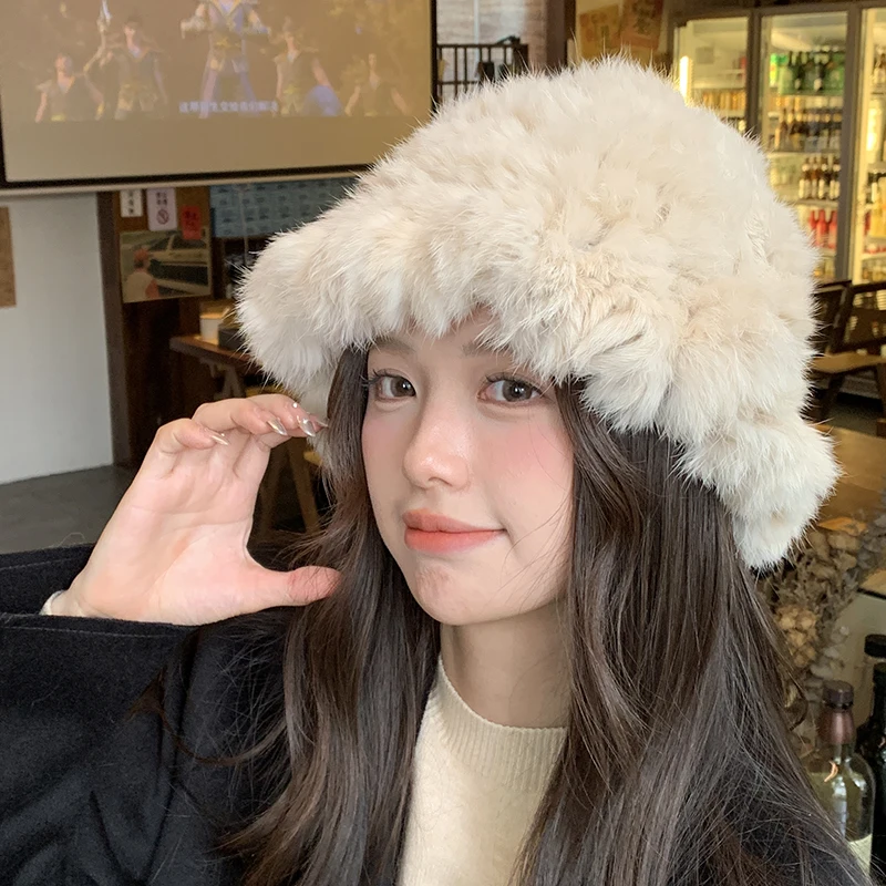 New Real Rabbit Fur Fisherman\'s Hat For Women Winter Warm Rabbit Fur Caps Soft Natural Rabbit Fur Hats Female Fashion Fur Cap