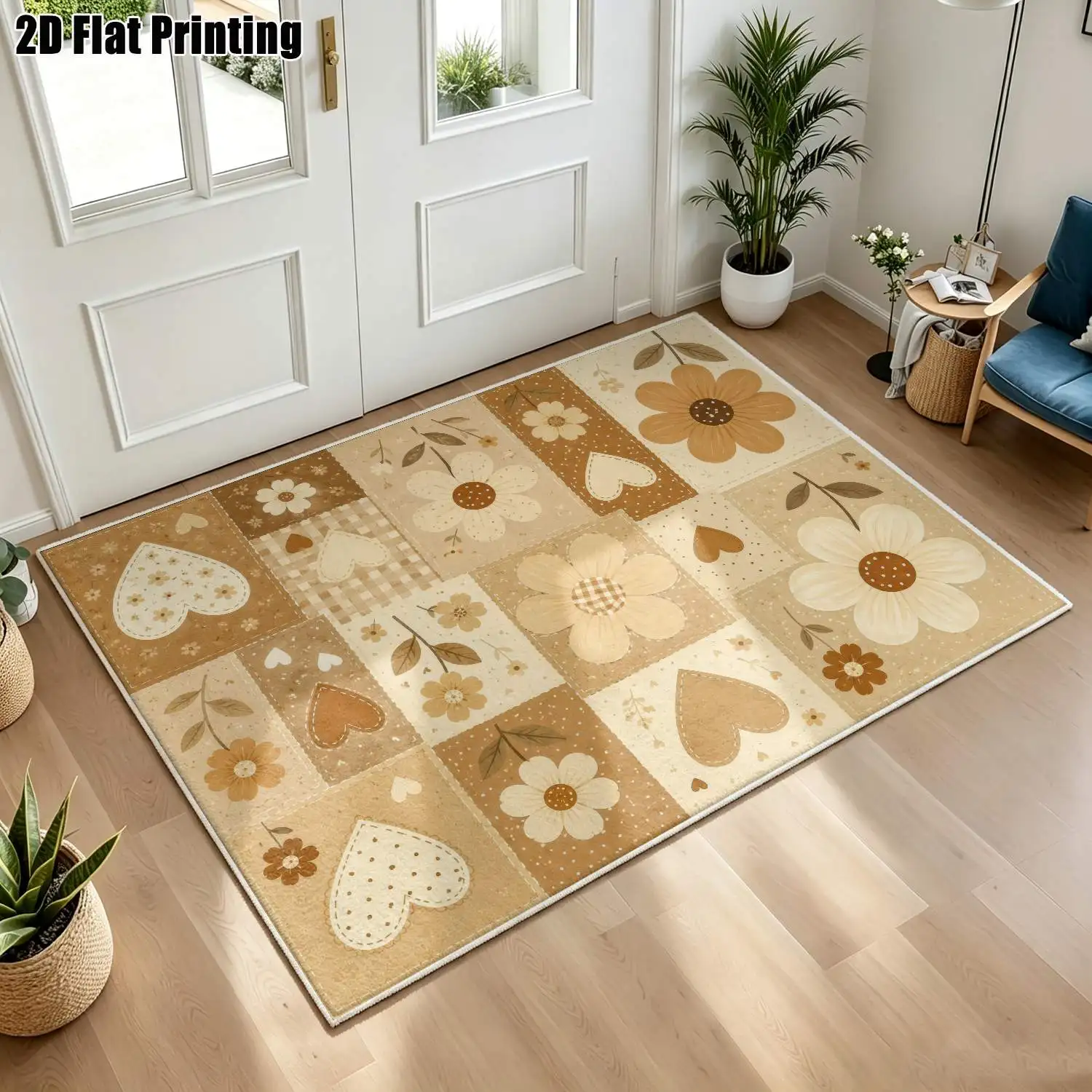 1Pc 2D Printed Velvet Carpet: Retro Brown-Yellow Flower & Heart Pattern, European Style, Multiple Sizes, Machine Washable, for Home Decor & Multi-Scene Use