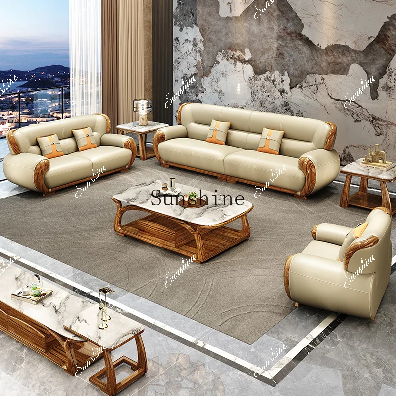 

New Chinese ebony leather sofa modern simple living room large apartment new combination FT