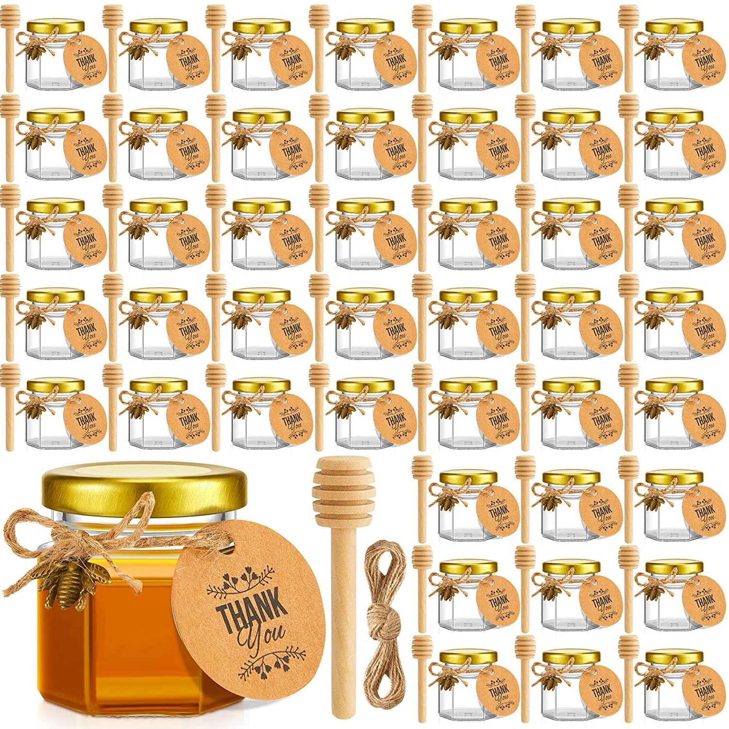 Hexagon Mini Glass Honey Jars with Wood Dipper ，Wedding Favors  for Baby Shower, Party Favors