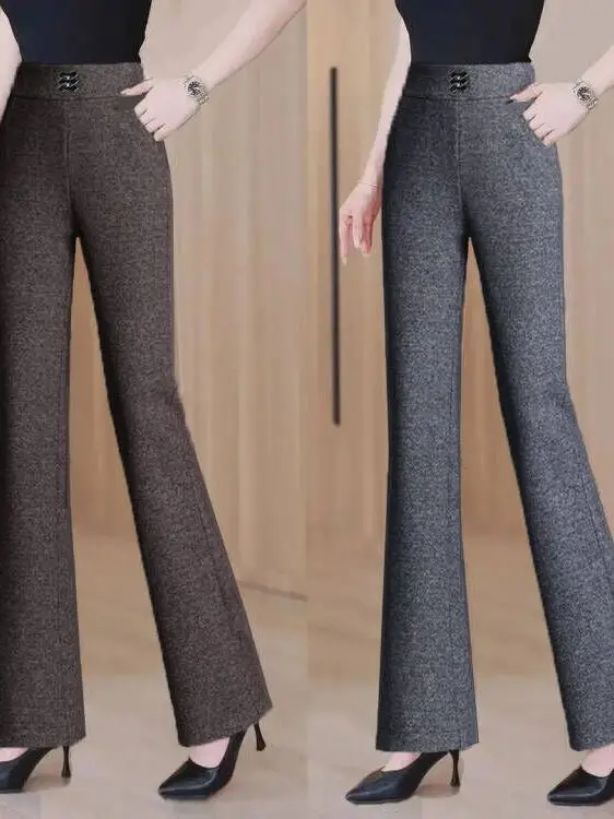

Брюки-клеш с высокой талией для мам, повседневные, из утолщенного шерстяного твида с узором, весенне-осенние, стройнящие, длинные