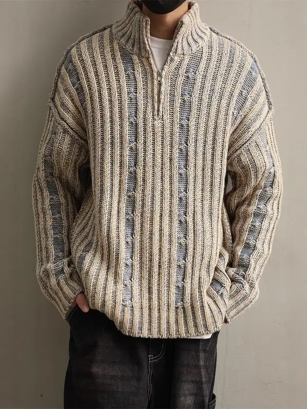 

Свитер с высоким воротником на молнии в американском стиле ретро, повседневная свободная трикотажная верхняя одежда для осеннего и зимнего тепла и слэ