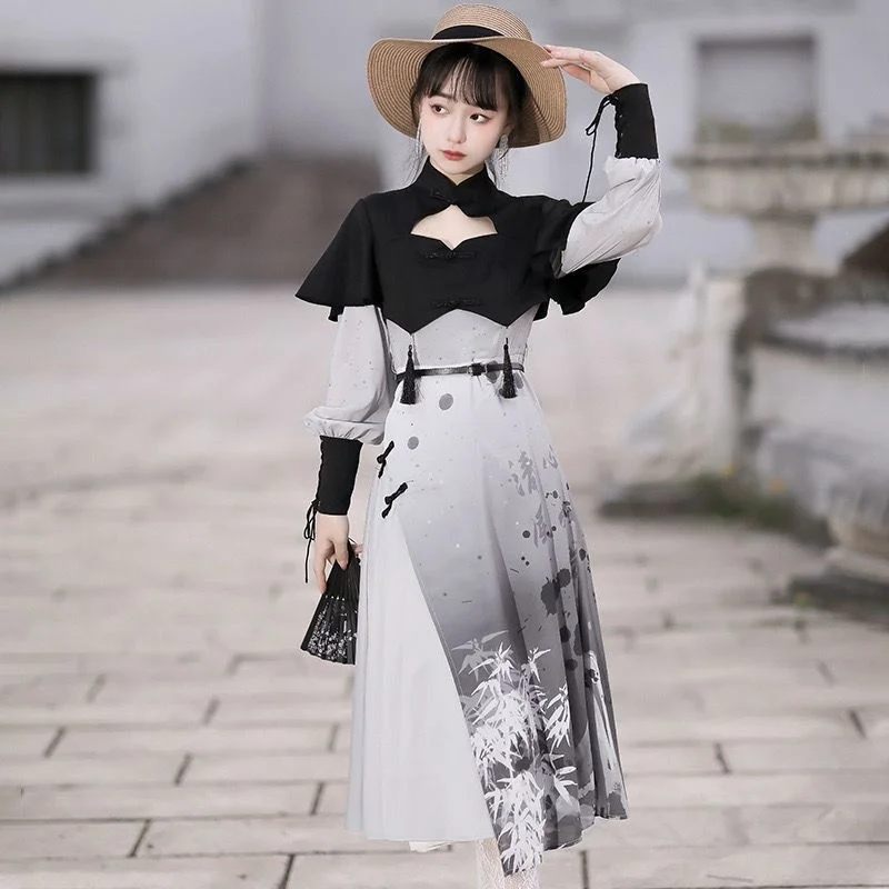 

Wash Painting Improved Lolita New Chinese Elements Irregular Lolita Skirt Stockings Lolita Cheongsam Women Dresses