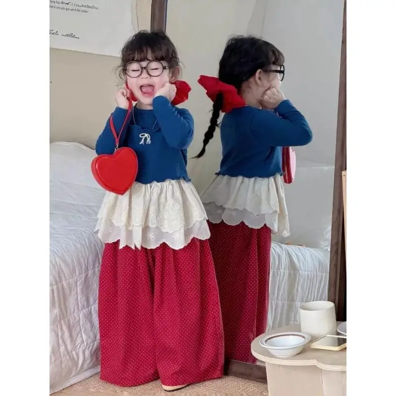 Children's Clothing New Style Girls Bow Tie Suspenders Long Sleeve T Set Cotton Spring Autumn Stylish Polka Dot Wide Leg Pants