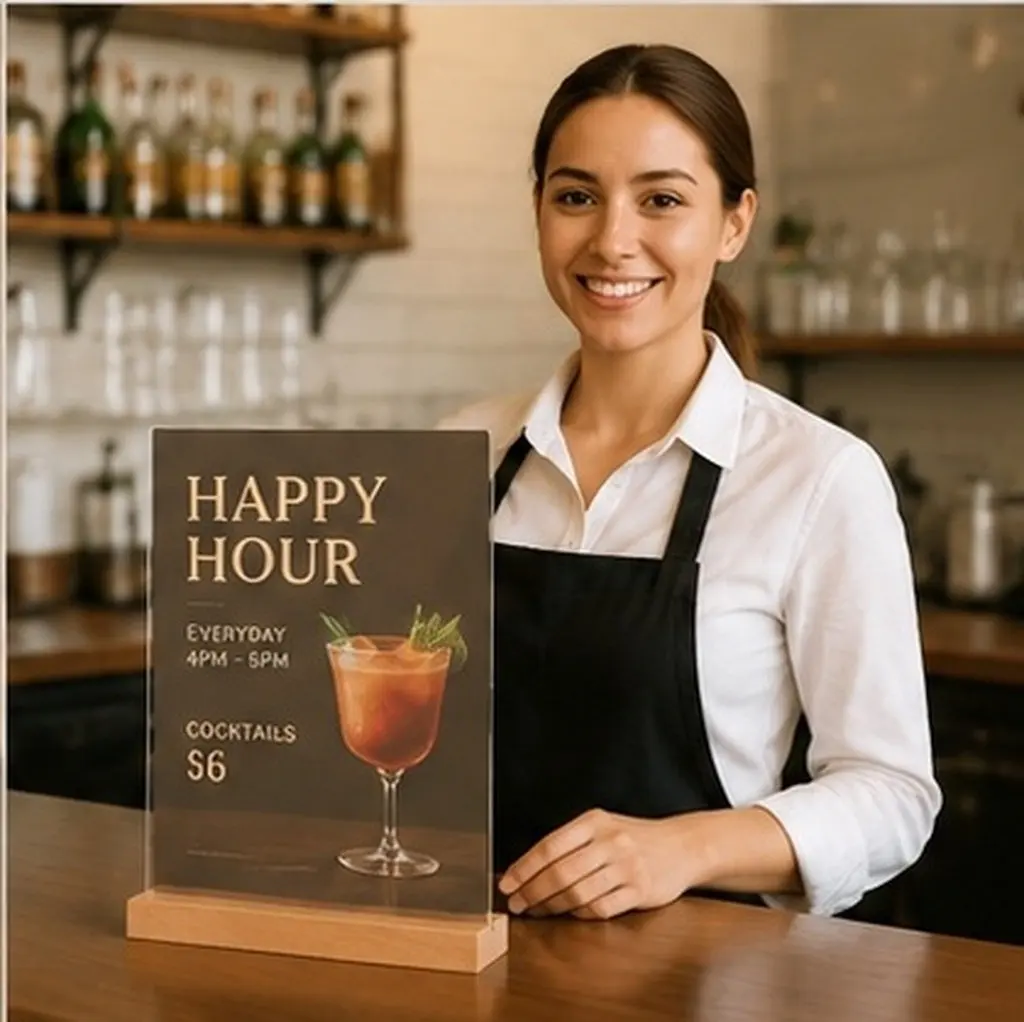 Acrylic Photo Stand Acrylic Menu Holder with Natural Wood Base Sturdy Table Sign Display for Flyers Notices Personal Photos
