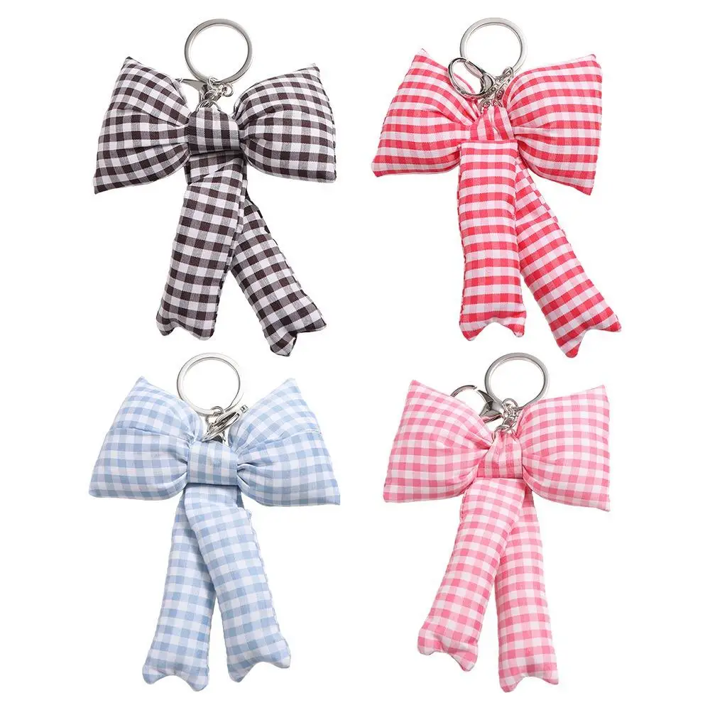 Grid Bow Bag Pendant Cotton Filled Korean Style 3D Bowknot Keychain Backpack Decoration Balletcore Y2k Bag Hanging Girls