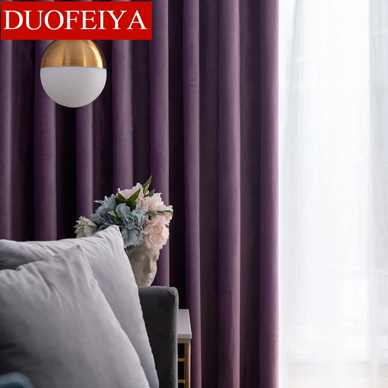 Luxury Green/Purple/pink Blackout Window Curtains for Living Room Bedroom Soft Blinds Solid Chinese Thick Flannel Curtains