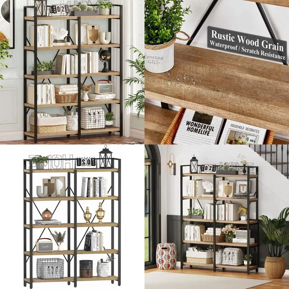 

5-ярусная высокая книжная полка в индустриальном стиле в деревенском стиле с открытыми полками для хранения
