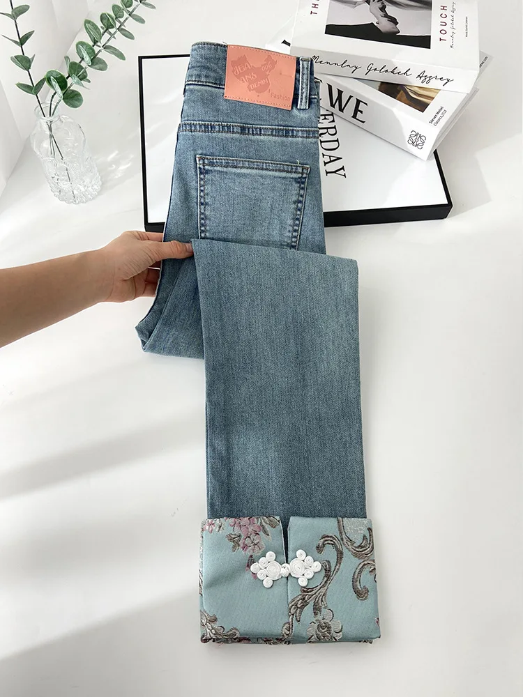 New Chinese embroidered jeans women's spring and autumn heavy industry national wind straight leg pants