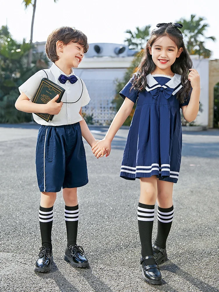 

Kindergarten uniforms, summer attire, English style children's sports class uniforms, primary navy school students' summer