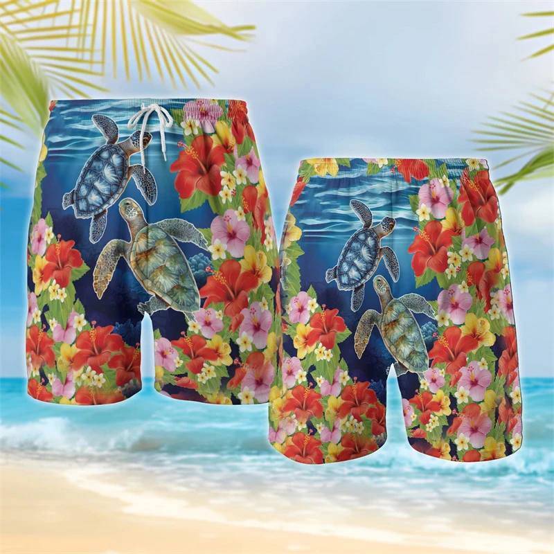 Funny Hawaiian Turtle 3D Print Short Pants For Men Clothes Fashion Aloha Sea Creatures Beach Shorts Casual Vacation Kids Trunks