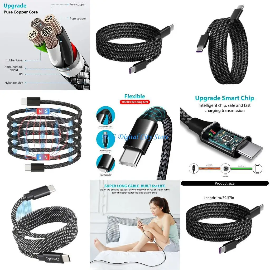 

U75B Long 1M Type C Charging Cord E-marker Chip 60W Power Nylon Braided USB C Cord