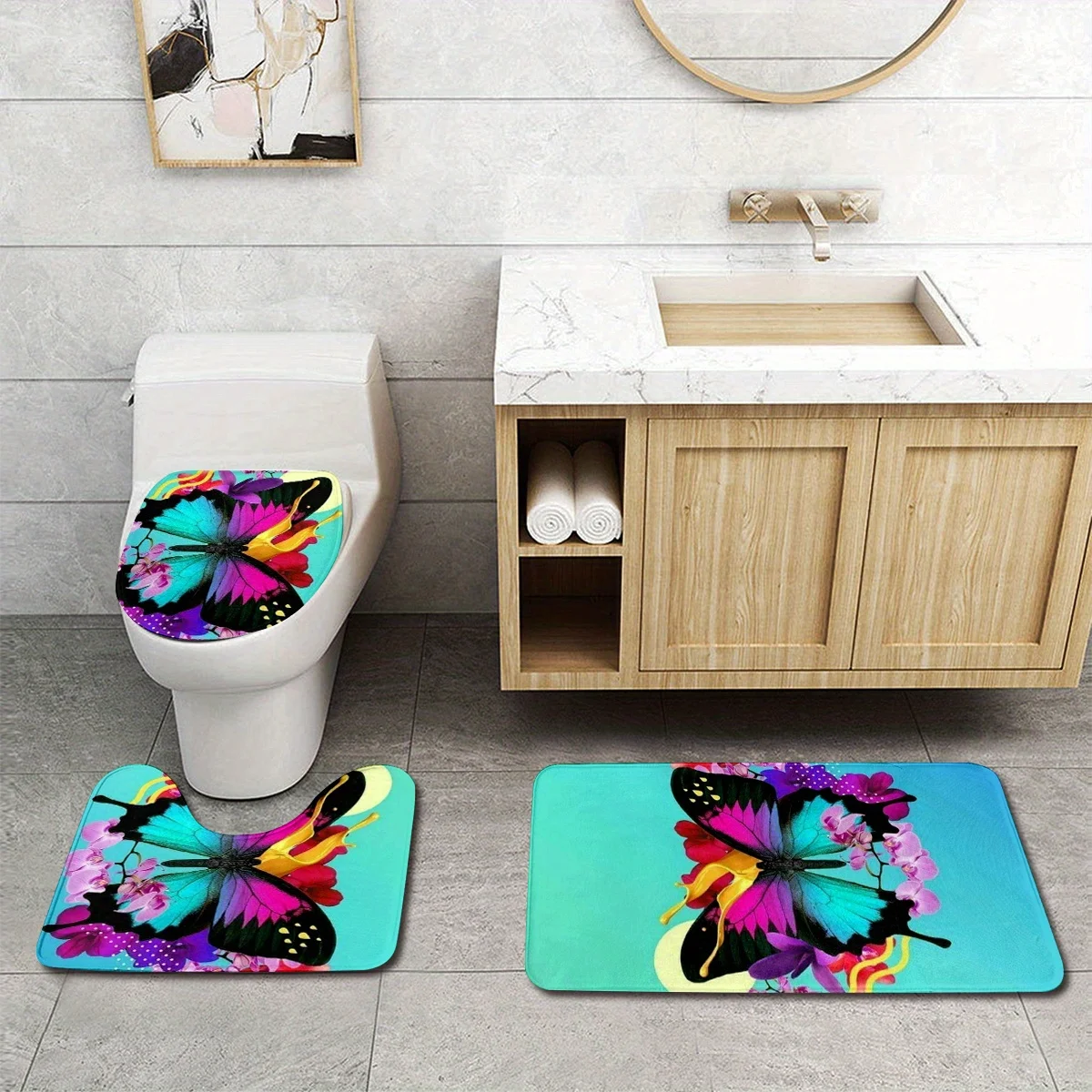 3pcs Set of Colorful Butterfly-pattern Bathroom Bath Mats, Suitable for All Seasons, Bathroom Mats, U-shaped Toilet Seat Covers,