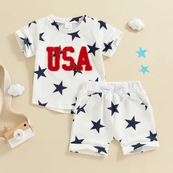 Lioraitiin 3M-3Y Summer Baby Boys 4th of July Clothes Set Short Sleeve Embroidery Letters T-shirt with Stars Print Shorts Outfit