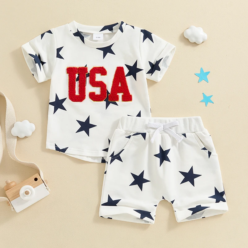 Lioraitiin 3M-3Y Summer Baby Boys 4th of July Clothes Set Short Sleeve Embroidery Letters T-shirt with Stars Print Shorts Outfit