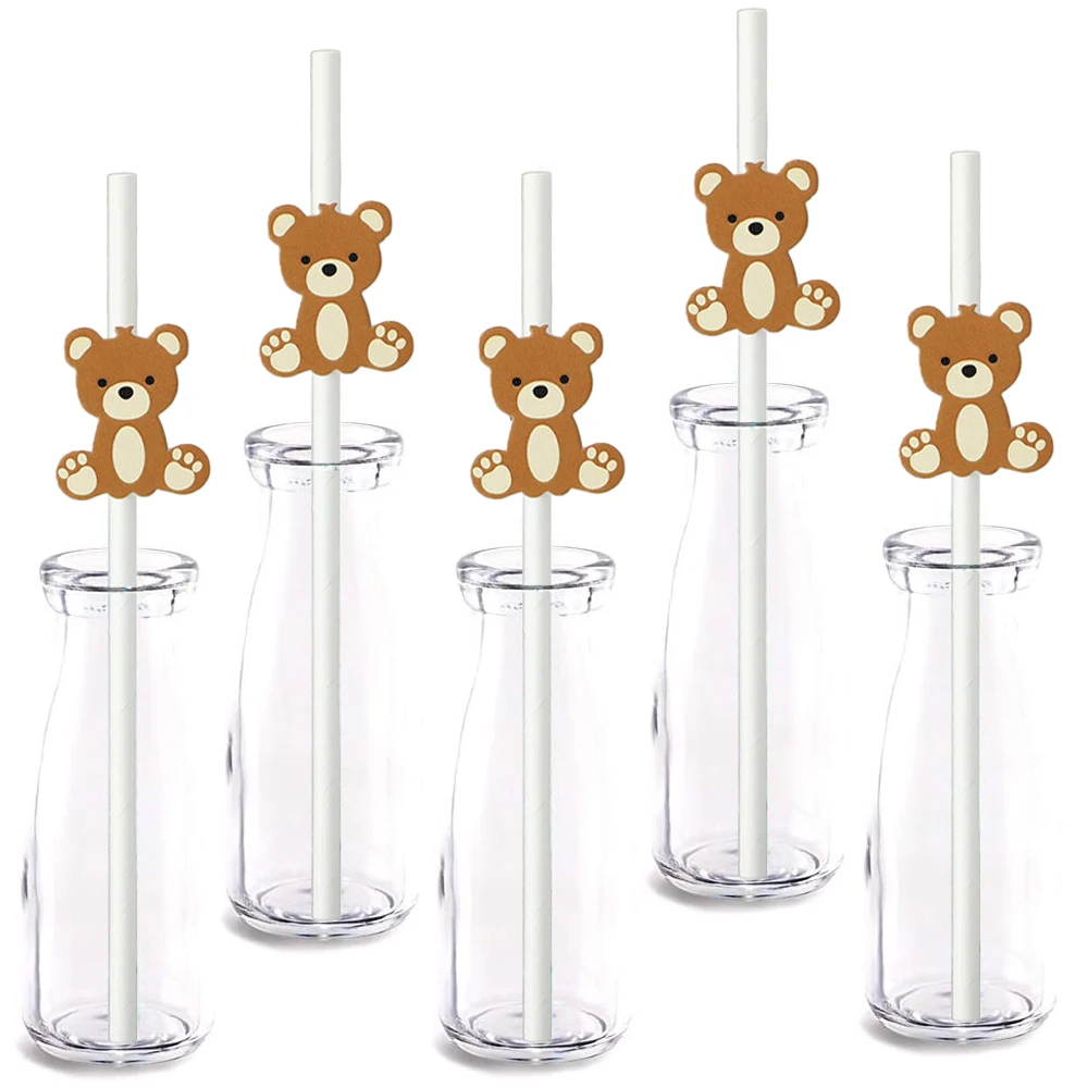 10/20/30Pcs Teddy Bear Paper Straws Cute Brown Bear Disposable Drinking Straw for Birthday Baby Shower Party Decoration Supplies