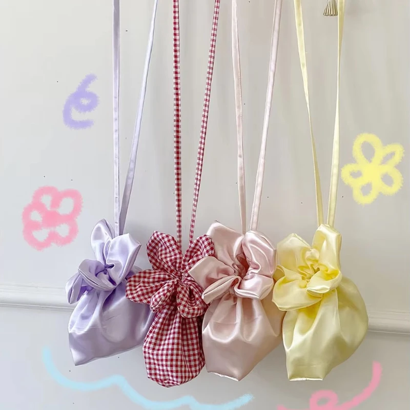 

Cute Flower Plaid Women Drawstring Bucket Shoulder Bags Retro Ladies Denim Phone Crossbody Bag Commute Female Storage Handbags