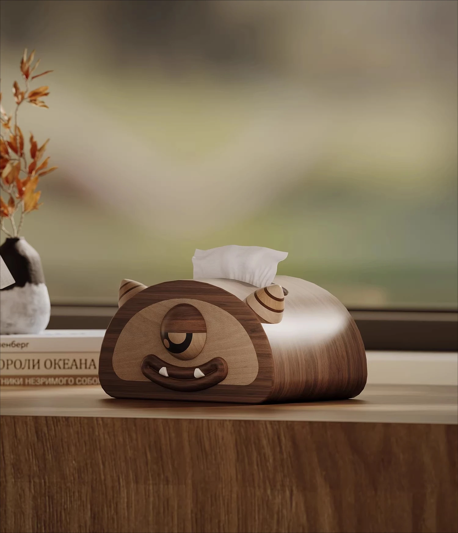 Little monster tissue box pumping carton solid wood wood walnut decorative desktop ornament high-end creative cartoon cute