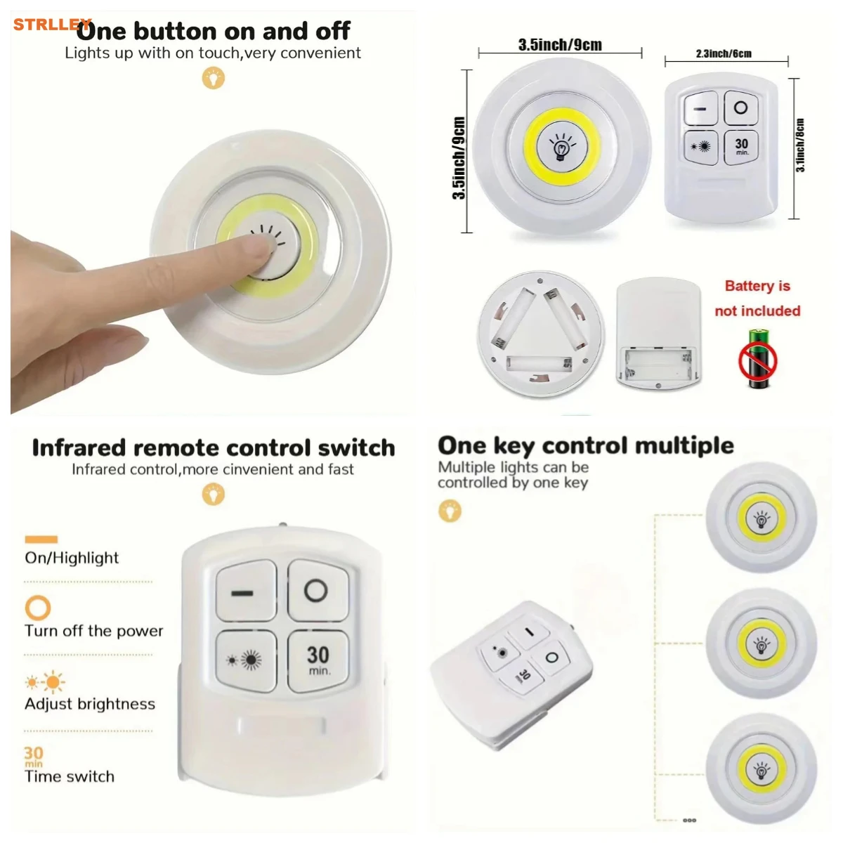 STRLLEY 1pcsLED Under Cabinet Light with Remote Control Battery Operated LED Closet Light Wardrobe Bathroom Lighting Night Light