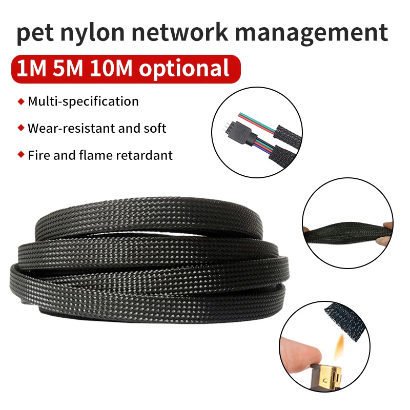 1m/5m/10m Flame Retardant Nylon Braided Wire Mesh Tubing PET Expandable Sleeving Cable and Wire Protection