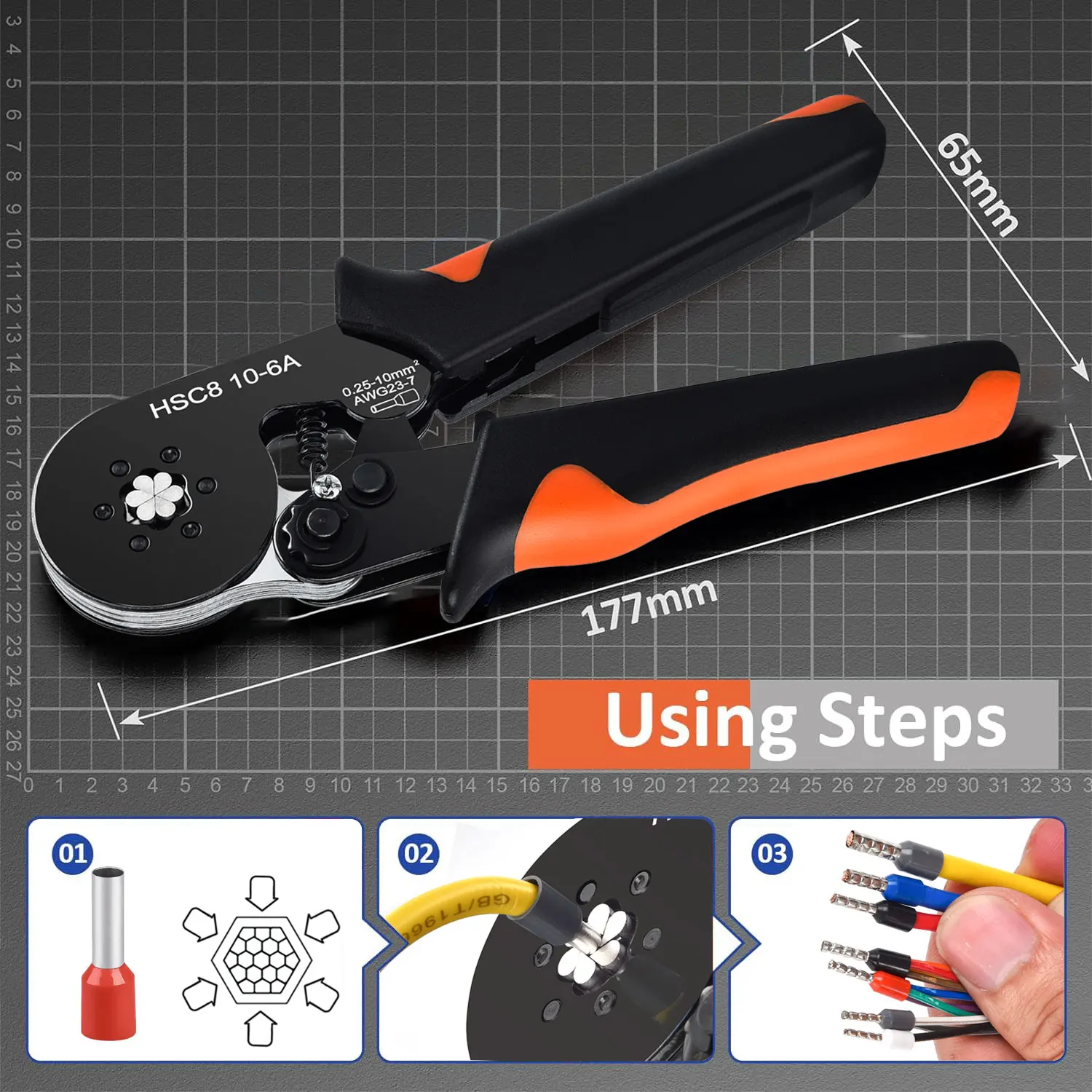 Hexagonal Self-Adjustable Ratchet Ferrule Crimping Tool Kit 23-7AWG 0.25-10mm² Crimper Kit with Ferrule Sleeves Wire Terminals