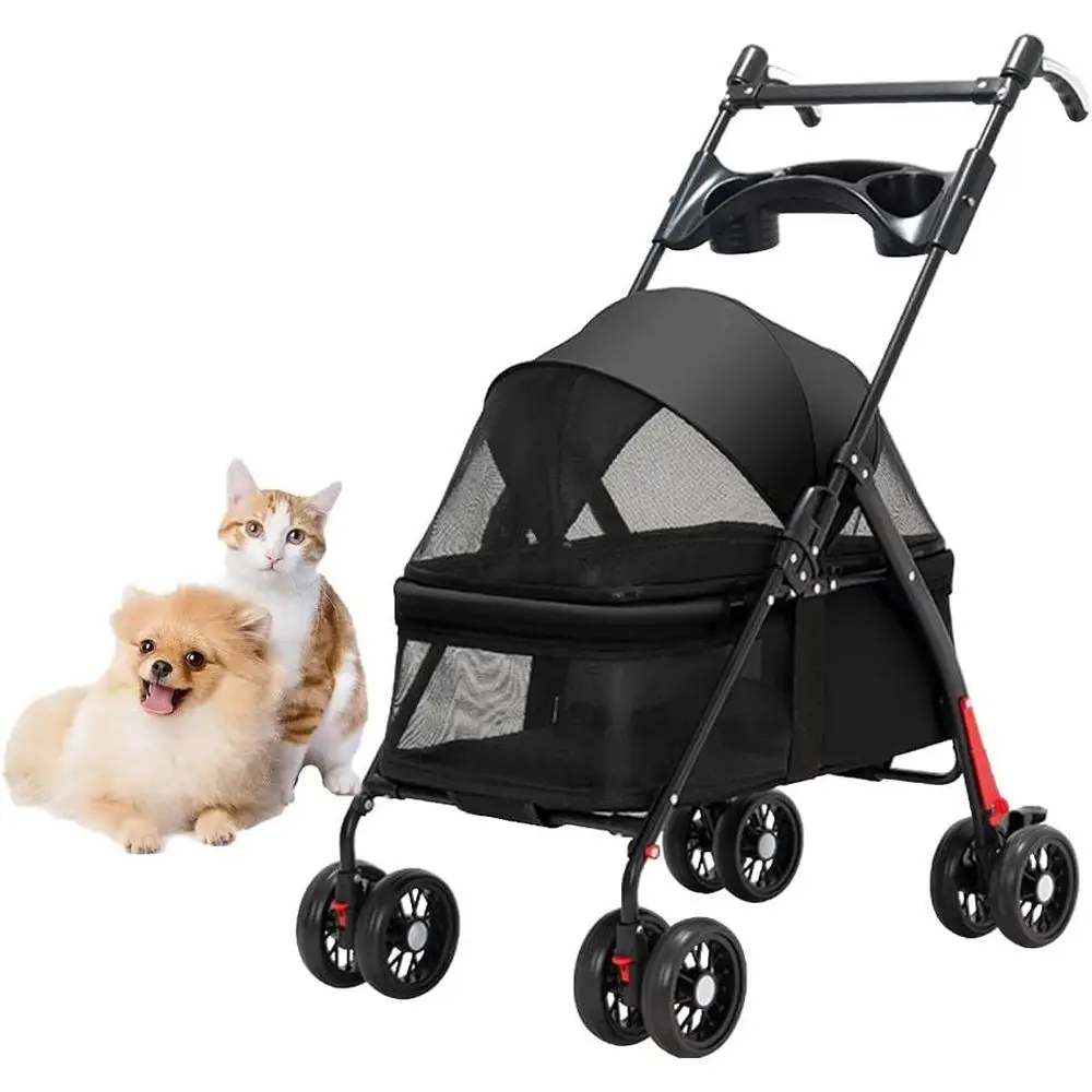 

Foldable Pet Stroller with Cup Holder for Small Dogs and Cats, Adjustable Handle, Blue